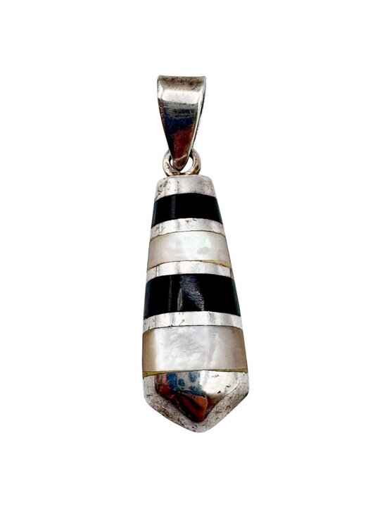 Handmade Jewelry - Black Onyx Mother Of Pearl Pendant Sterling Silver Inlay 1.25" Vintage Signed PD